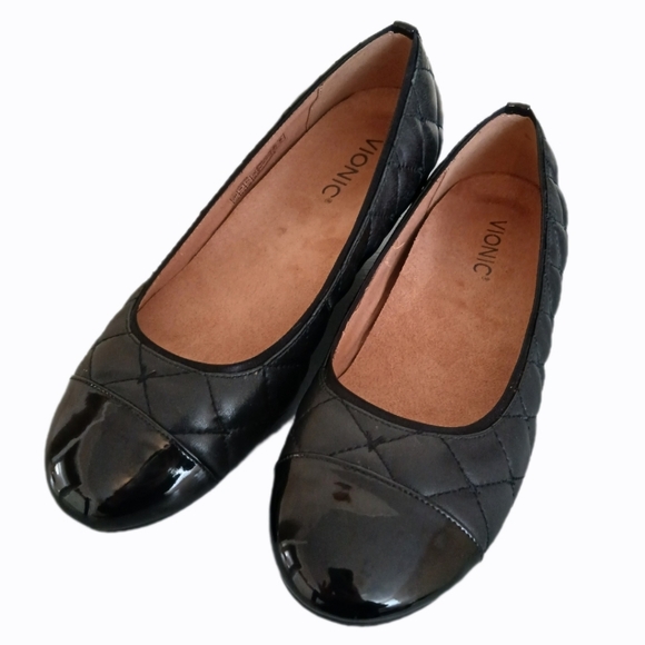 Vionic Shoes - Vionic 8.5 Desiree Black Patent Quilted Ballet Flats comfort Shoes round toe